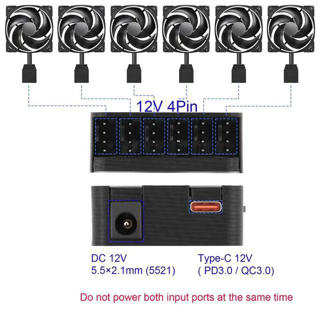 Alt view image 3 of 6 - 12V 4 Pin PWM Fan Speed Controller PC Fan Hub 6 Fans Supported, Powered by Type-C PD3.0 QC 3.0 and DC 5521 with Max Total 60W Output
