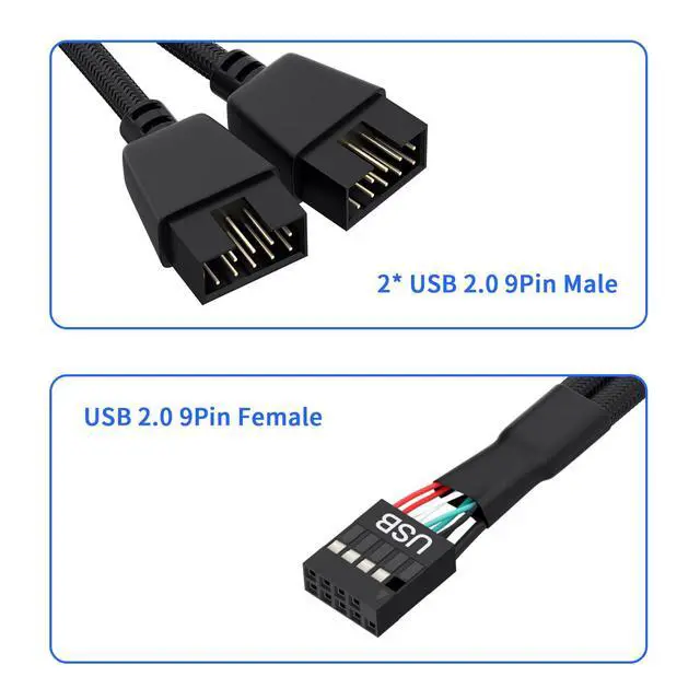 Alt view image 2 of 5 - 2 Pack Motherboard 9 Pin USB 2.0 to Dual 9 Pin Extension Splitter | Motherboard USB Splitter 9 Pin Header Cable, USB2.0 Header Splitter for Internal Computer Motherboard (Braided Black)