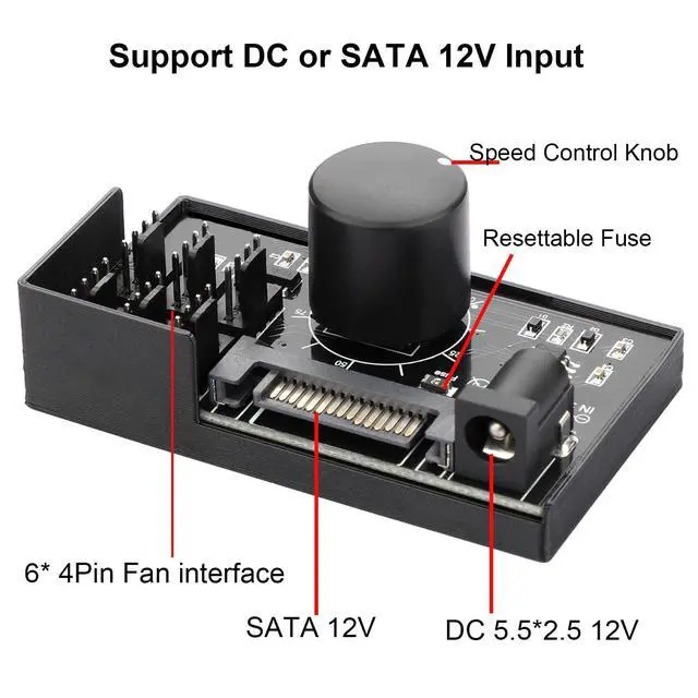 Alt view image 2 of 6 - 4 Pin 12V PWM Fan Controller 6 Fans Supported , PC Fan Adapter Hub Powered by SATA and DC 5525, Cooling Fan Speed Knob with Max Total 60W 5A Output