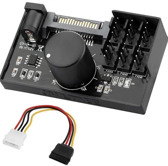 Main image of 4 Pin 12V PWM Fan Controller 6 Fans Supported , PC Fan Adapter Hub Powered by SATA and DC 5525, Cooling Fan Speed Knob with Max Total 60W 5A Output