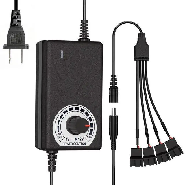 Main image of 12V 4Pin PWM PC Fan Hub with Splitters, Fan Speed Controller 36W | for 4PCS 3-Pin / 4-Pin Computer Cooling Fans, Fan Speed Controller with 4-Way Fan Splitters, 100-240V AC to 3-12V 3A DC