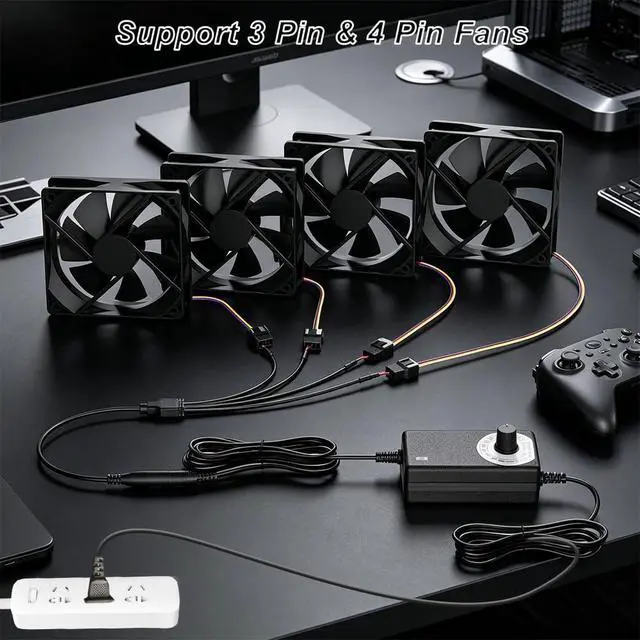 Alt view image 3 of 6 - 12V 4Pin PWM PC Fan Hub with Splitters, Fan Speed Controller 36W | for 4PCS 3-Pin / 4-Pin Computer Cooling Fans, Fan Speed Controller with 4-Way Fan Splitters, 100-240V AC to 3-12V 3A DC
