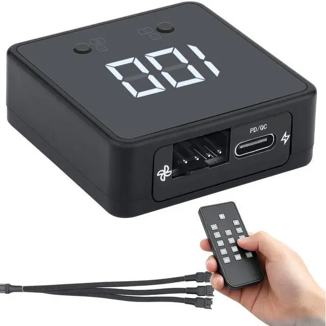 Main image of Remote 4 Pin 12V PC PWM USB Fan Controller with 4 Pin 3-Way Splitter | Digital Speed Adjustment Display, Powered by 12V USB C Type-C PD QC, Max Total Output 60W