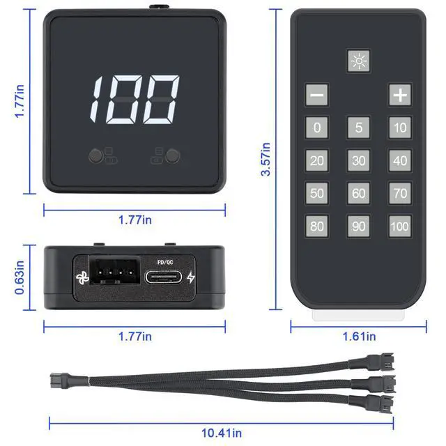 Alt view image 7 of 7 - Remote 4 Pin 12V PC PWM USB Fan Controller with 4 Pin 3-Way Splitter | Digital Speed Adjustment Display, Powered by 12V USB C Type-C PD QC, Max Total Output 60W