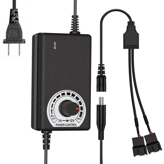 Main image of 12V PWM PC Fan Hub with Splitters, Fan Speed Controller | with 2 Way Fan Splitters, Compatible with 2PCS 3-Pin 4-Pin Computer Cooling Fans, 100-240V AC to 3-12V 2A DC, Max 24W Output