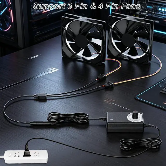 Alt view image 3 of 6 - 12V PWM PC Fan Hub with Splitters, Fan Speed Controller | with 2 Way Fan Splitters, Compatible with 2PCS 3-Pin 4-Pin Computer Cooling Fans, 100-240V AC to 3-12V 2A DC, Max 24W Output