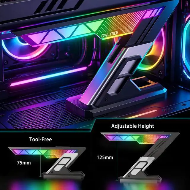 Alt view image 2 of 6 - GPU Support Bracket, ARGB GPU Support, GPU Anti Sag Bracket | Aluminum & Acrylic , Magnetic , Graphics Cards Brace Stand Holder for Computer Video Cards, 75-125mm Height Adjustable