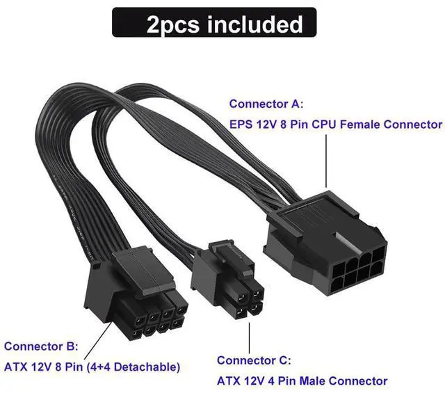 Alt view image 2 of 7 - 2 Pack EPS12V CPU 8 Pin Female to CPU ATX 8 Pin and ATX 4 Pin Male Power Supply Extension Cable EPS 12V for Motherboard 10.6 inch