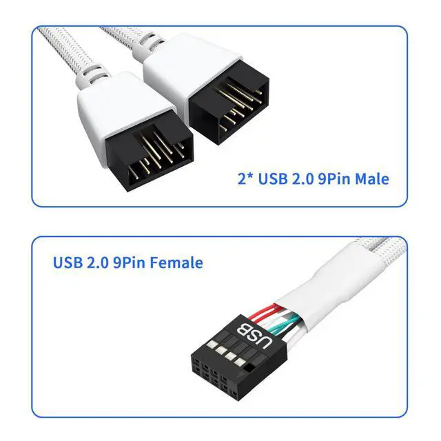 Alt view image 2 of 5 - 2 Pack Motherboard 9 Pin USB 2.0 to Dual 9 Pin Extension Splitter | Motherboard USB Splitter 9 Pin Header Cable, USB2.0 Header Splitter for Internal Computer Motherboard (Braided White)