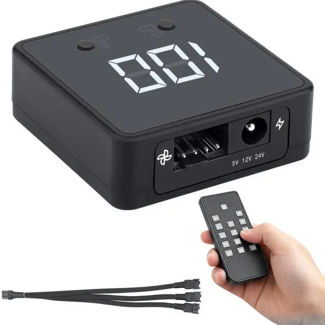 Main image of Remote 5V 12V 24V PC PWM Fan Controller with 4 Pin 3-Way Splitters | Digital Speed Adjustment Display, Powered by DC 5521, Supports Input/Output Max 5V 25W, 12V 60W, 24V 48W