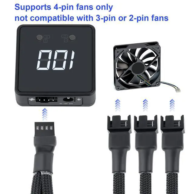 Alt view image 4 of 7 - Remote 5V 12V 24V PC PWM Fan Controller with 4 Pin 3-Way Splitters | Digital Speed Adjustment Display, Powered by DC 5521, Supports Input/Output Max 5V 25W, 12V 60W, 24V 48W