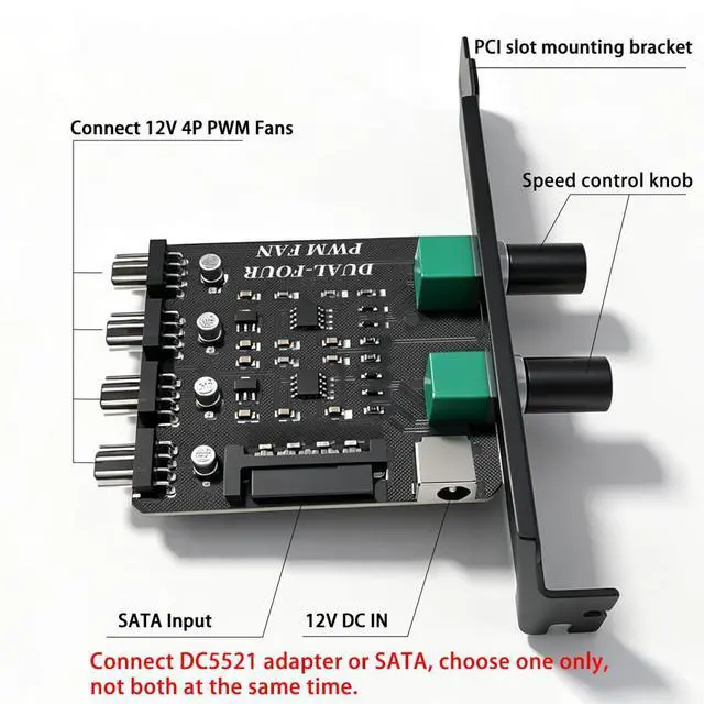 Alt view image 2 of 7 - 4 Pin 12V PWM PC Fan Speed HUB for 4pcs Fans | 2 Independent Speed Controller Knobs, 12V SATA DC 5521 Powered, Max 100W, with PCI Slot Bracket for Desktop PC/NAS/Server