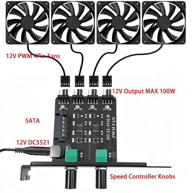 Alt view image 3 of 7 - 4 Pin 12V PWM PC Fan Speed HUB for 4pcs Fans | 2 Independent Speed Controller Knobs, 12V SATA DC 5521 Powered, Max 100W, with PCI Slot Bracket for Desktop PC/NAS/Server
