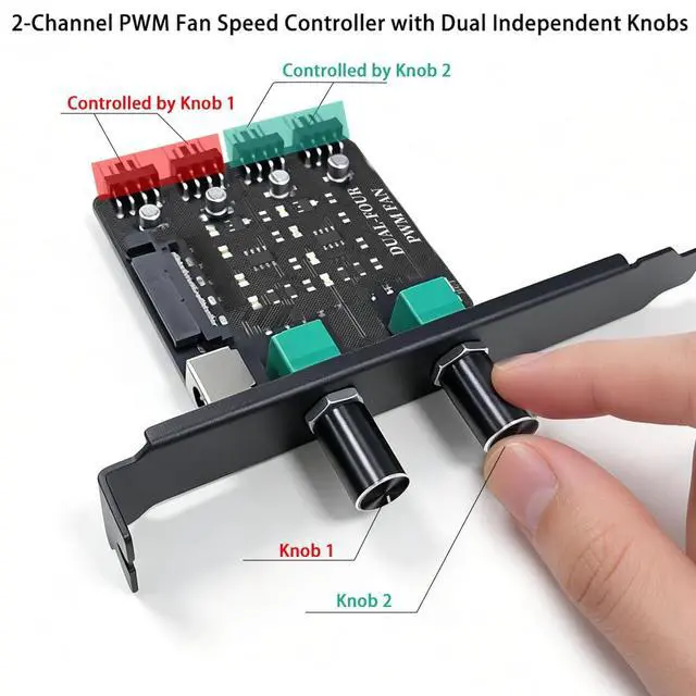 Alt view image 5 of 7 - 4 Pin 12V PWM PC Fan Speed HUB for 4pcs Fans | 2 Independent Speed Controller Knobs, 12V SATA DC 5521 Powered, Max 100W, with PCI Slot Bracket for Desktop PC/NAS/Server