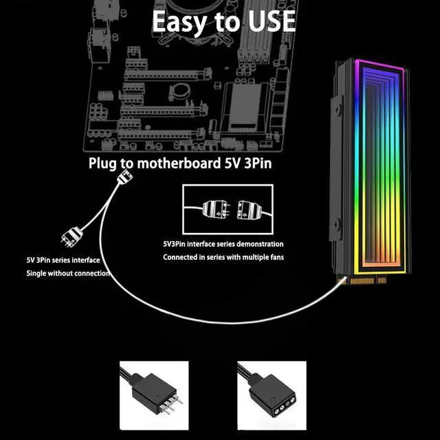 Alt view image 3 of 6 - ARGB M.2 Heatsink SSD Heat Sink with Thermal Pads, Aluminum 2280 M2 5V 3Pin Addressable RGB Sync OPENRGB NVME Heatsink for M.2 2280 Nvme SSD