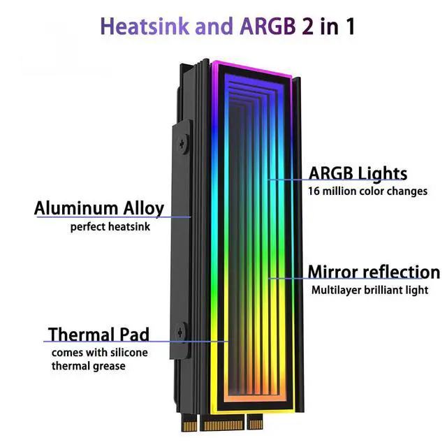 Alt view image 4 of 6 - ARGB M.2 Heatsink SSD Heat Sink with Thermal Pads, Aluminum 2280 M2 5V 3Pin Addressable RGB Sync OPENRGB NVME Heatsink for M.2 2280 Nvme SSD