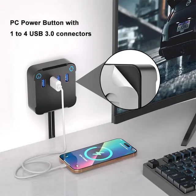 Alt view image 3 of 6 - Computer PC Power Button, Desktop Power Button PC External Power Button with 4 Port USB 3.0 Hub
