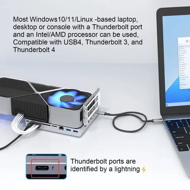 Alt view image 2 of 6 - PCIE 3.0 x16 24Gbps Thunderbolt eGPU Dock, Cable Compatible with External GPU NVIDIA AMD Graphics Card for Windows Laptop Gaming Console Featuring Thunderbolt 3/4 USB 4, Powered by PD/DC/ATX