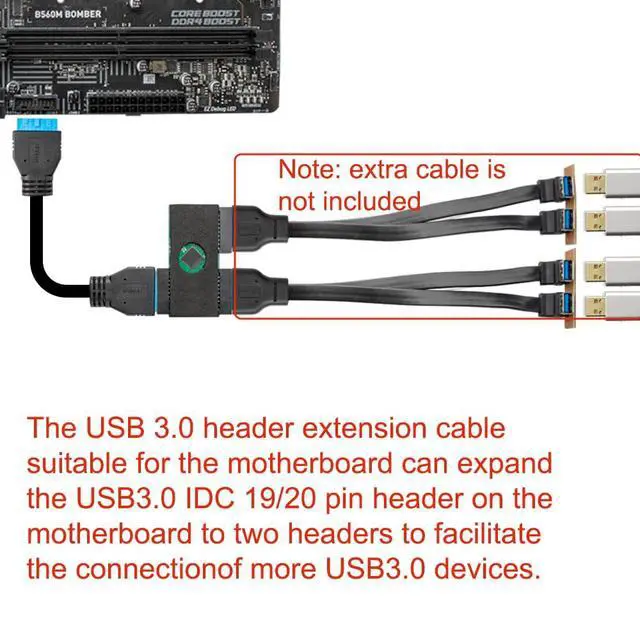 Alt view image 3 of 5 - Upgraded USB 3.0 Header Splitter, Motherboard USB 3.0 Splitter, Motherboard 19Pin 20 Pin Header 1 to 2 HUB Extension Cable with Chip, Stable and Reliable