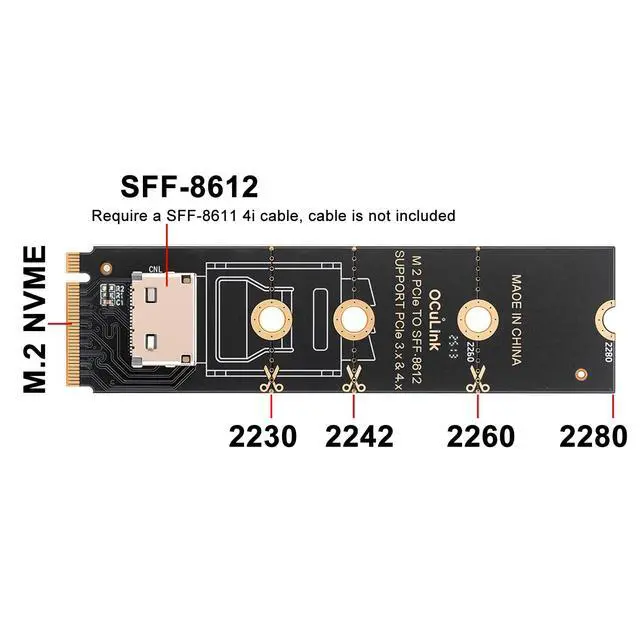 Alt view image 2 of 5 - M.2 NVME Pcie to OCuLink SFF-8612 Adapter, PCIe 4.0 x4 64Gbps to OCuLink SFF-8611 4i Host Adapter for eGPU GPU and M.2 NGFF SSD 2230 2242 2260 2280