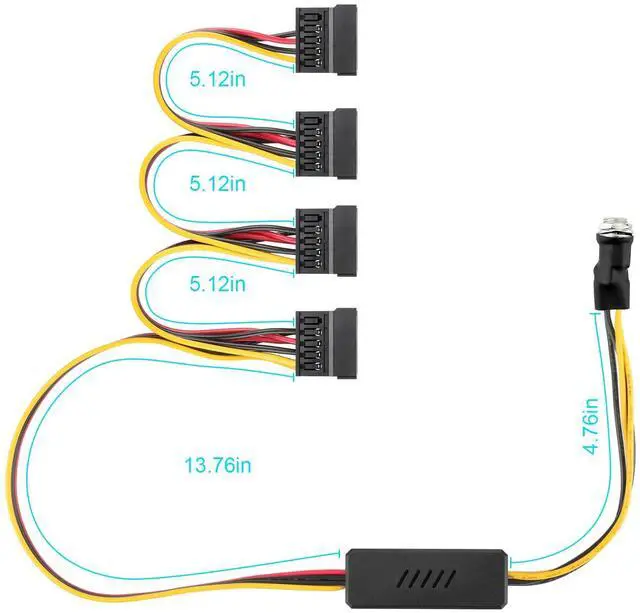 Alt view image 4 of 5 - DC 12V Female to 4 SATA IDE 5V Hard Drive Power Supply Cable | DC 5.5x2.5mm to SATA Female Extension Cable with Step-Down Voltage Regulator (1 to 4)