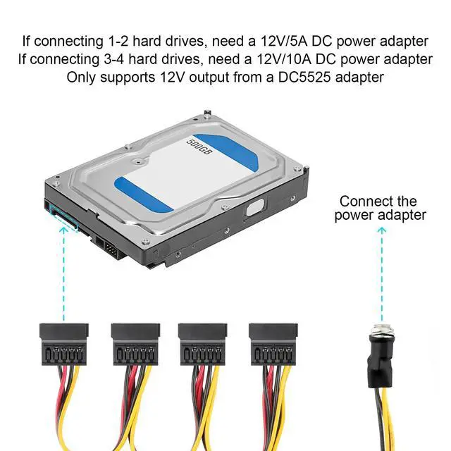 Alt view image 5 of 5 - DC 12V Female to 4 SATA IDE 5V Hard Drive Power Supply Cable | DC 5.5x2.5mm to SATA Female Extension Cable with Step-Down Voltage Regulator (1 to 4)