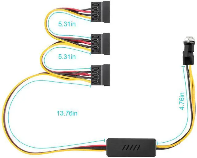 Alt view image 4 of 5 - DC 12V Female to 3 SATA IDE 5V Hard Drive Power Supply Cable | DC 5.5x2.5mm to SATA Female Extension Cable with Step-Down Voltage Regulator (1 to 3)