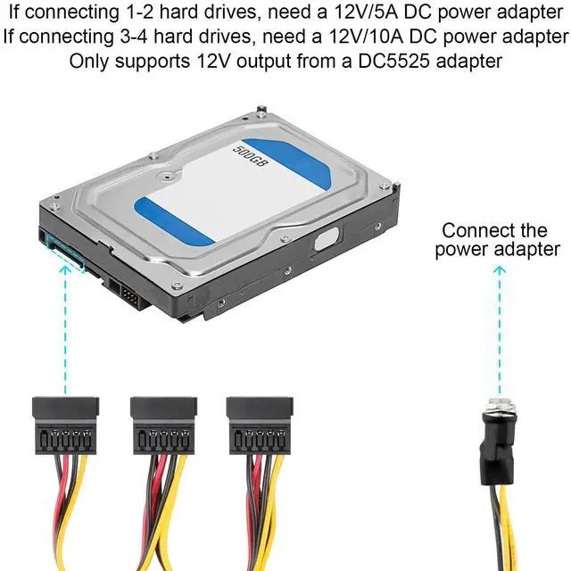 Alt view image 5 of 5 - DC 12V Female to 3 SATA IDE 5V Hard Drive Power Supply Cable | DC 5.5x2.5mm to SATA Female Extension Cable with Step-Down Voltage Regulator (1 to 3)
