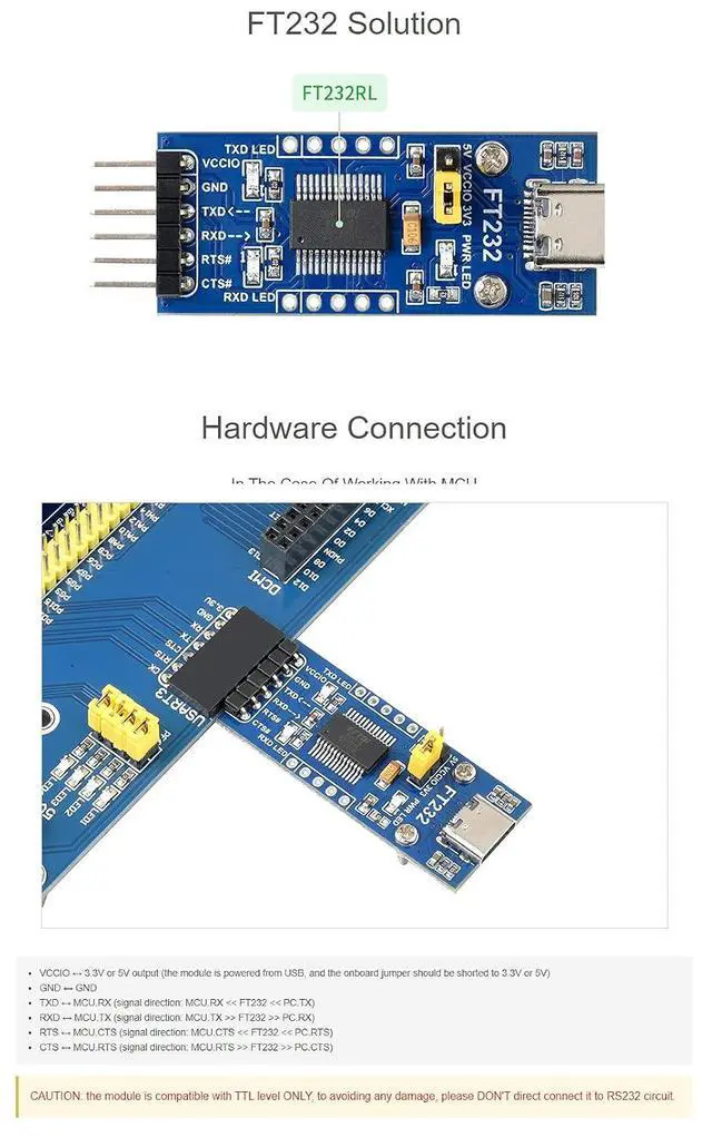 Alt view image 6 of 7 - FT232RL USB-C to UART TTL Serial Adapter, 3.3V/5V Logic Module