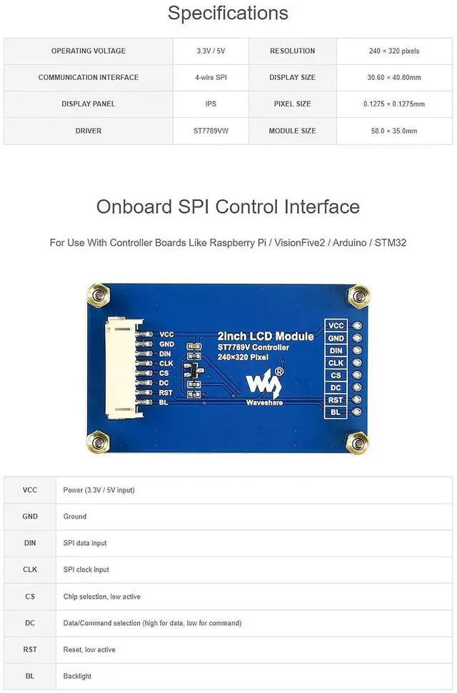 Alt view image 5 of 7 - 2inch IPS LCD Module, 240x320 SPI Color Display for Development