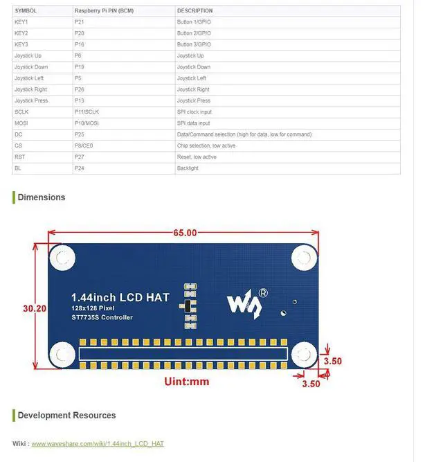 Alt view image 7 of 7 - 1.44inch LCD HAT for Raspberry Pi, 128x128 SPI Display Module
