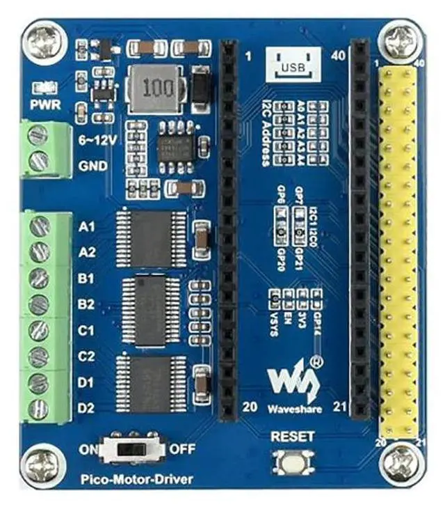 Main image of DC Motor Driver Module HAT for Raspberry Pi Pico Series, Driving Up to 4X DC Motors, I2C Controlled, up to 3A Output