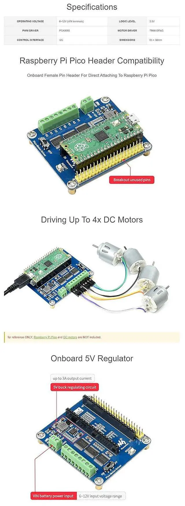 Alt view image 5 of 6 - DC Motor Driver Module HAT for Raspberry Pi Pico Series, Driving Up to 4X DC Motors, I2C Controlled, up to 3A Output