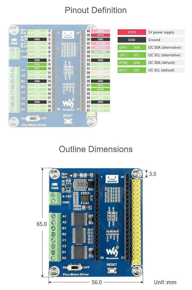 Alt view image 6 of 6 - DC Motor Driver Module HAT for Raspberry Pi Pico Series, Driving Up to 4X DC Motors, I2C Controlled, up to 3A Output