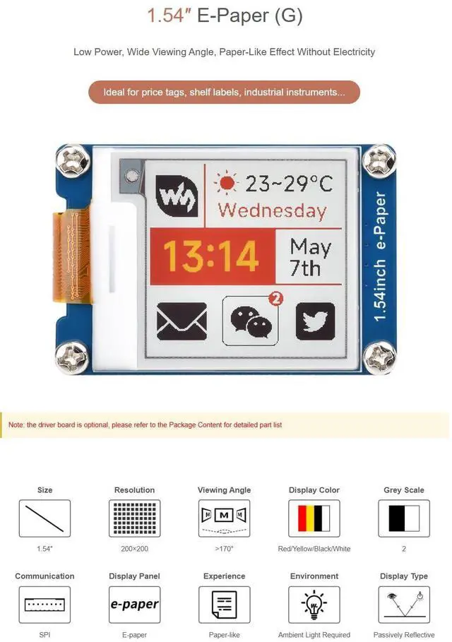 Alt view image 4 of 7 - 1.54inch e-Paper Display (G) - 200x200 Red/Yellow/Black/White e-Ink Screen with SPI Interface, Ultra-Low Power Consumption, Wide Viewing Angle for Raspberry Pi, Arduino, Jetson Nano