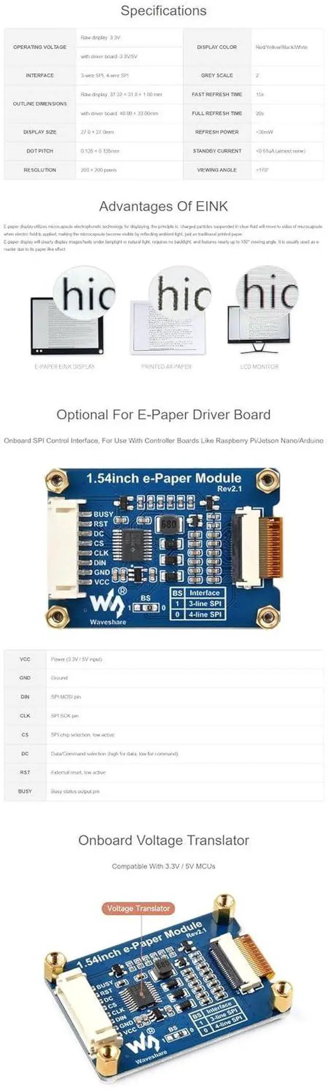 Alt view image 5 of 7 - 1.54inch e-Paper Display (G) - 200x200 Red/Yellow/Black/White e-Ink Screen with SPI Interface, Ultra-Low Power Consumption, Wide Viewing Angle for Raspberry Pi, Arduino, Jetson Nano
