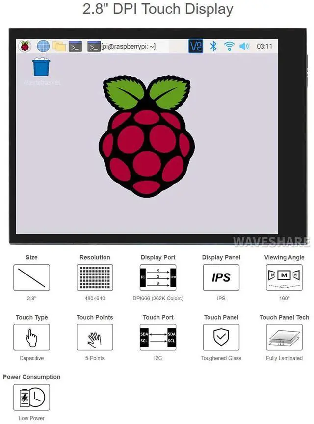 Alt view image 4 of 7 - 2.8 Inch DPI LCD Touchscreen for Raspberry Pi, 480×640 Portrait IPS Display, Capacitive 5-Point Touch, DPI666 Interface, Optical Bonding Glass, Low Power Consumption