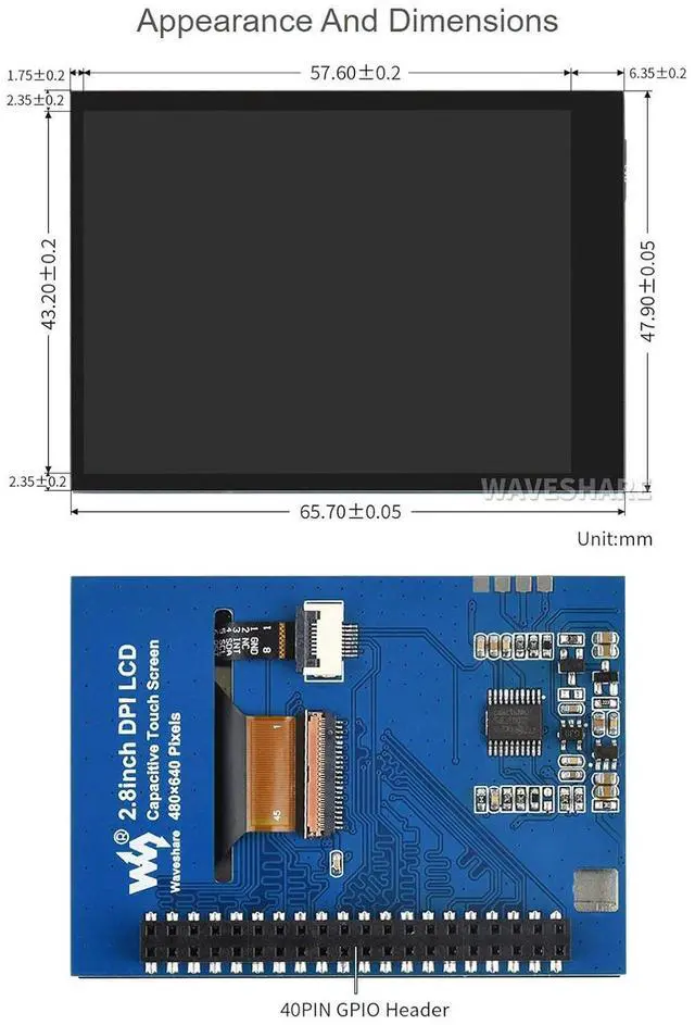 Alt view image 7 of 7 - 2.8 Inch DPI LCD Touchscreen for Raspberry Pi, 480×640 Portrait IPS Display, Capacitive 5-Point Touch, DPI666 Interface, Optical Bonding Glass, Low Power Consumption