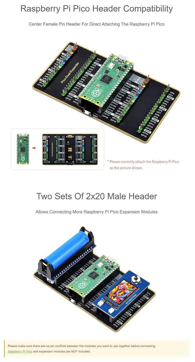 Alt view image 6 of 7 - Dual GPIO Expander for Raspberry Pi Pico Board, Two Sets of Male Headers for Directly Connecting Expansion Modules