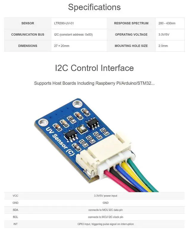 Alt view image 5 of 7 - Digital LTR390-UV Ultraviolet Sensor Module (C), Direct UV and Ambient Light Intensity Index Value Output, I2C Interface