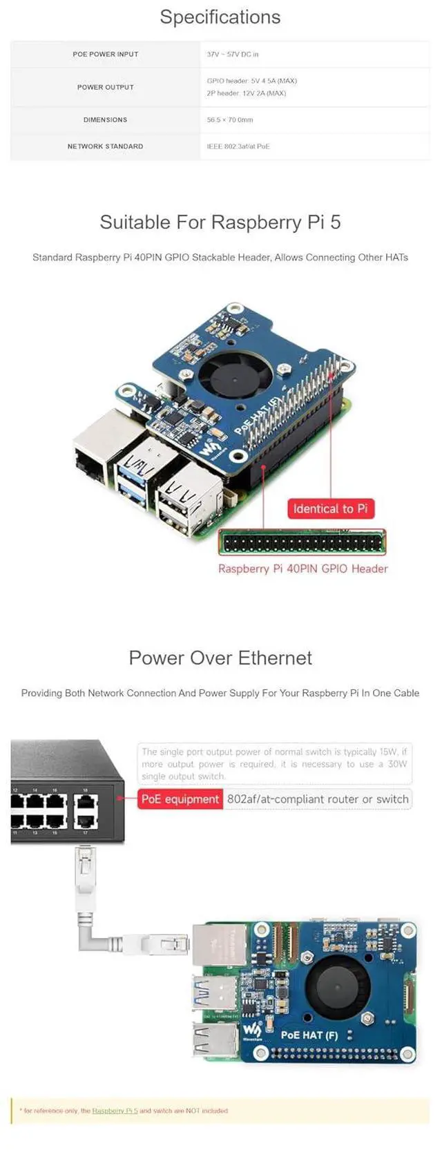 Alt view image 5 of 7 - PoE HAT F for Raspberry Pi 5 CM5, 802.3af/at, Cooling Fan