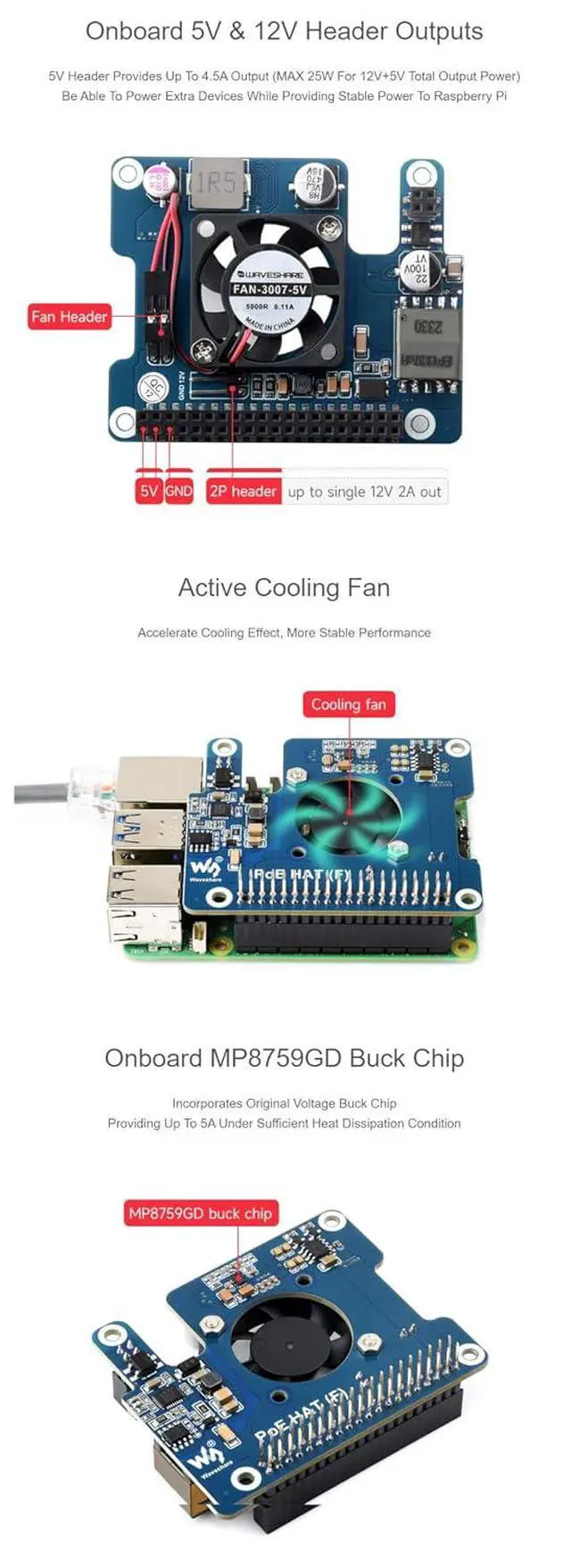 Alt view image 6 of 7 - PoE HAT F for Raspberry Pi 5 CM5, 802.3af/at, Cooling Fan