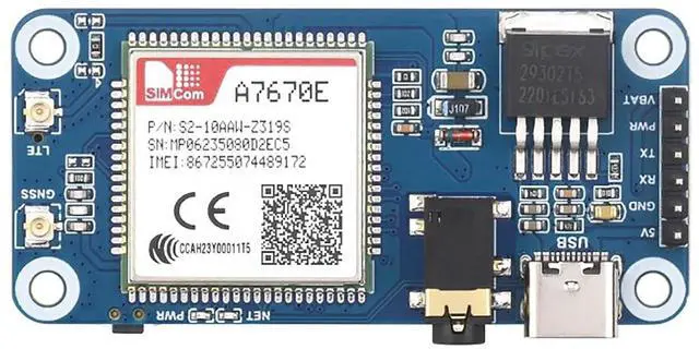 Main image of Cat-1/GSM/GPRS/GNSS HAT for Raspberry Pi Raspberry Pi 5 4B+ 4B 3B+ 3B 2B+ Zero W WH Jetson Nano Based On A7670E Module GNSS Positioning Support LTE Cat-1 / 2G