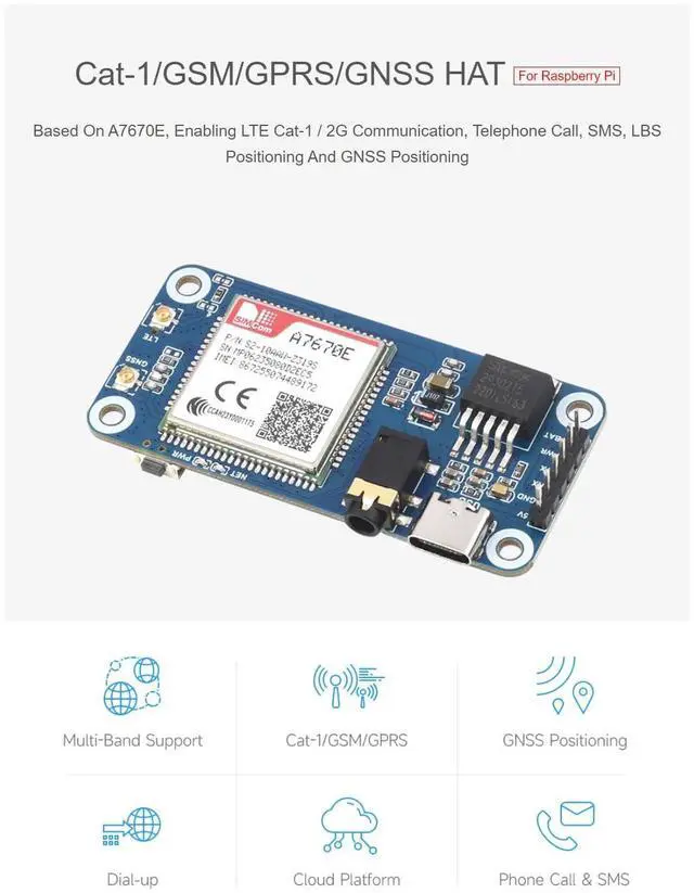 Alt view image 4 of 7 - Cat-1/GSM/GPRS/GNSS HAT for Raspberry Pi Raspberry Pi 5 4B+ 4B 3B+ 3B 2B+ Zero W WH Jetson Nano Based On A7670E Module GNSS Positioning Support LTE Cat-1 / 2G