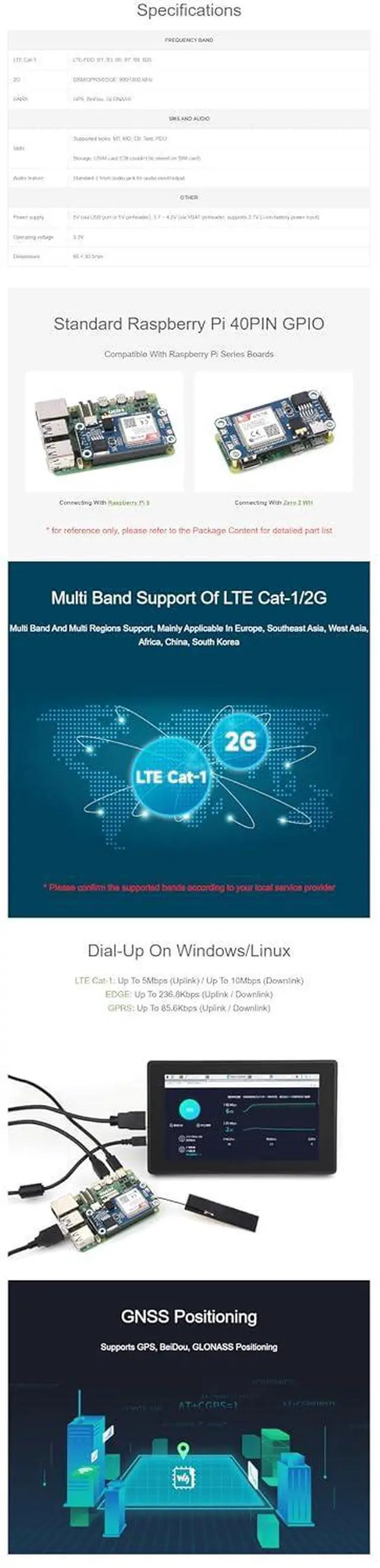 Alt view image 5 of 7 - Cat-1/GSM/GPRS/GNSS HAT for Raspberry Pi Raspberry Pi 5 4B+ 4B 3B+ 3B 2B+ Zero W WH Jetson Nano Based On A7670E Module GNSS Positioning Support LTE Cat-1 / 2G