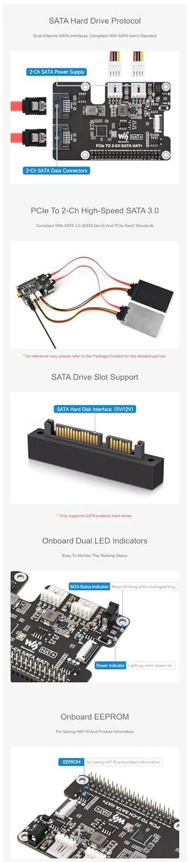 Alt view image 6 of 7 - PCIe to 2-Channel SATA HAT+ for Raspberry Pi 5, SATA 3.0 Board