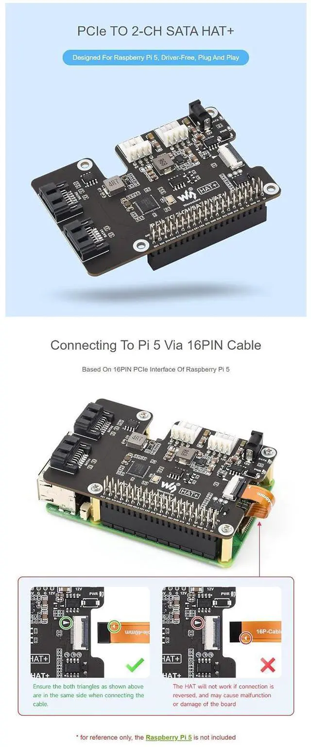 Alt view image 5 of 7 - PCIe to 2-Channel SATA HAT+ for Raspberry Pi 5, SATA 3.0 Board
