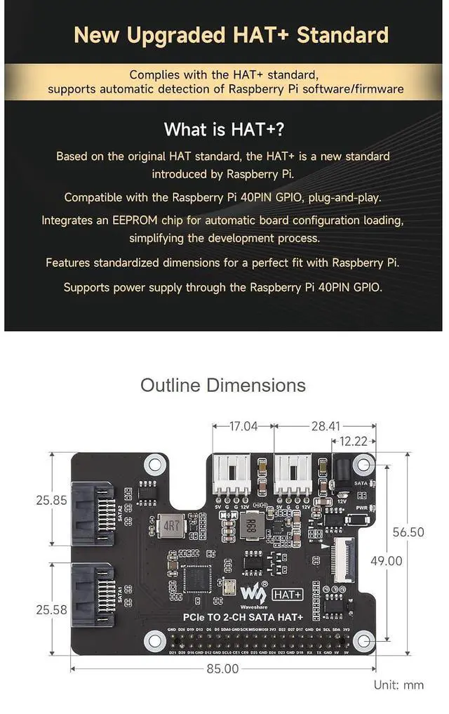 Alt view image 7 of 7 - PCIe to 2-Channel SATA HAT+ for Raspberry Pi 5, SATA 3.0 Board