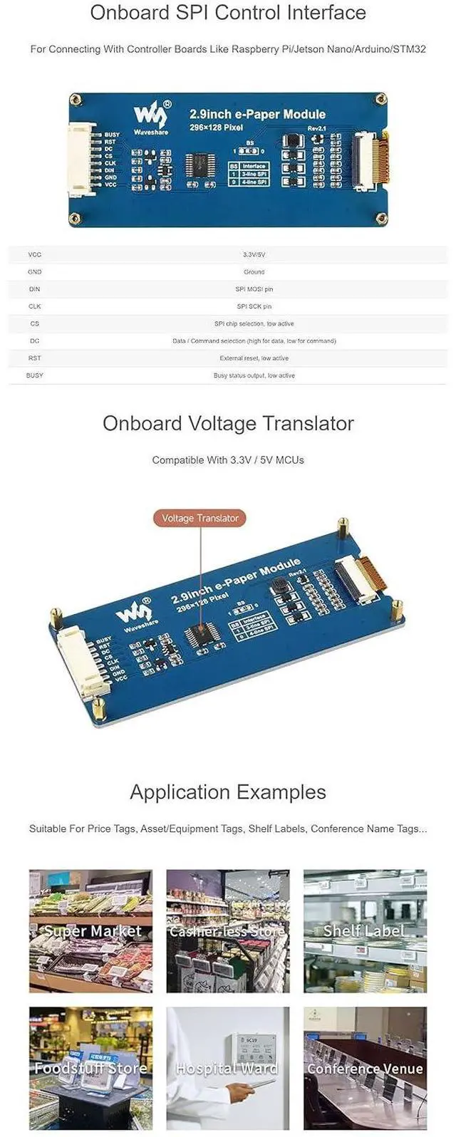 Alt view image 6 of 7 - 2.9 Inch E-Paper Display Module (B), 296×128 SPI E-Ink Screen, Red/Black/White, Low Power, No Backlight, for Raspberry Pi, Arduino, Jetson Nano, 3.3V/5V MCU Compatible