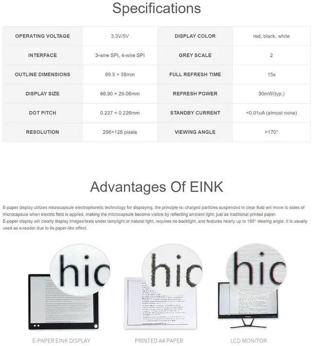 Alt view image 5 of 7 - 2.9 Inch E-Paper Display Module (B), 296×128 SPI E-Ink Screen, Red/Black/White, Low Power, No Backlight, for Raspberry Pi, Arduino, Jetson Nano, 3.3V/5V MCU Compatible